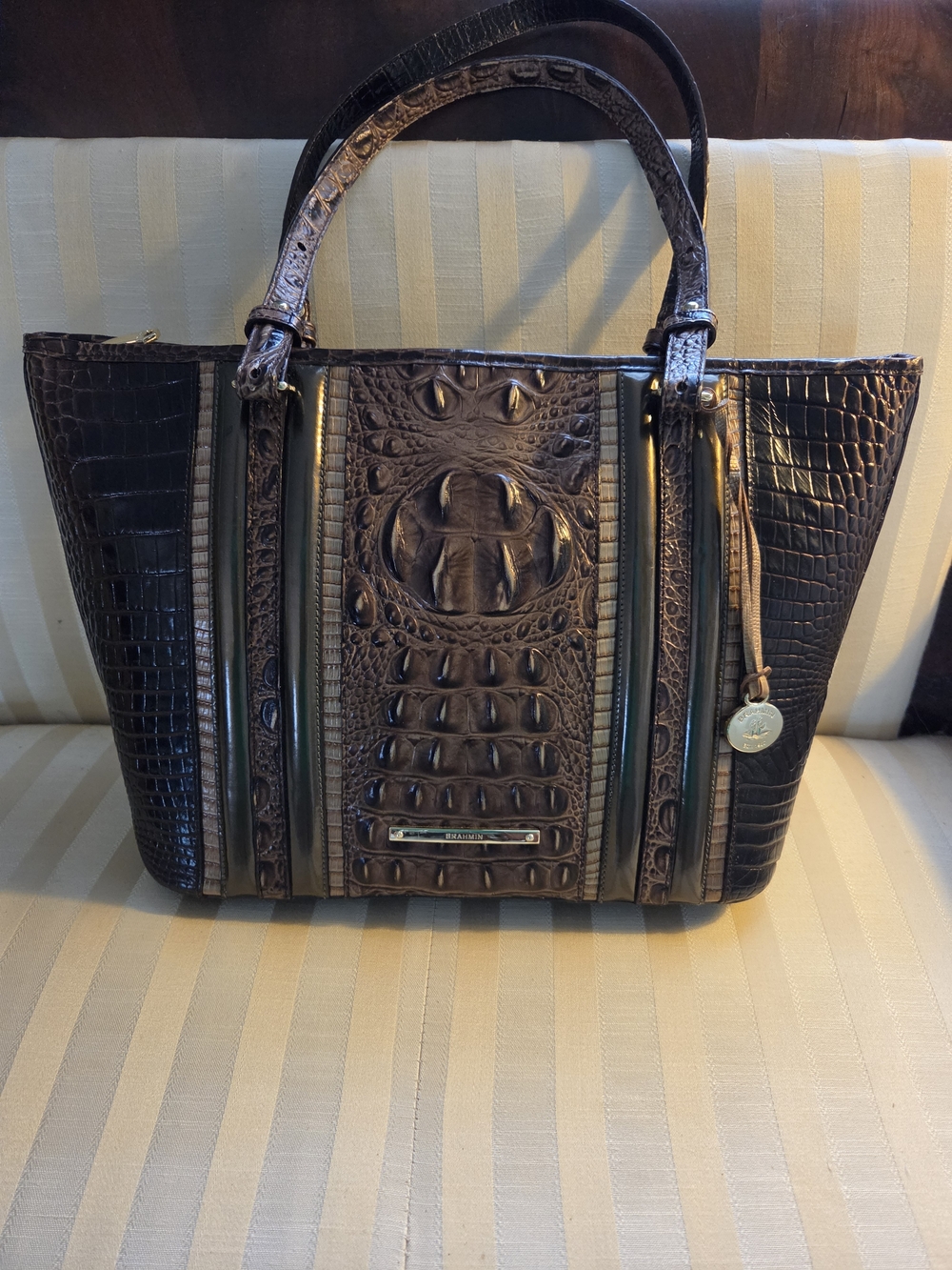 Brahmin Asher Structured Croc-Embossed Brown Tote Bag